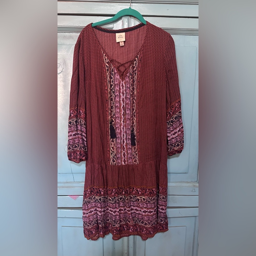 Knox Rose Burgundy Boho Lace-Up Long Sleeve Dress